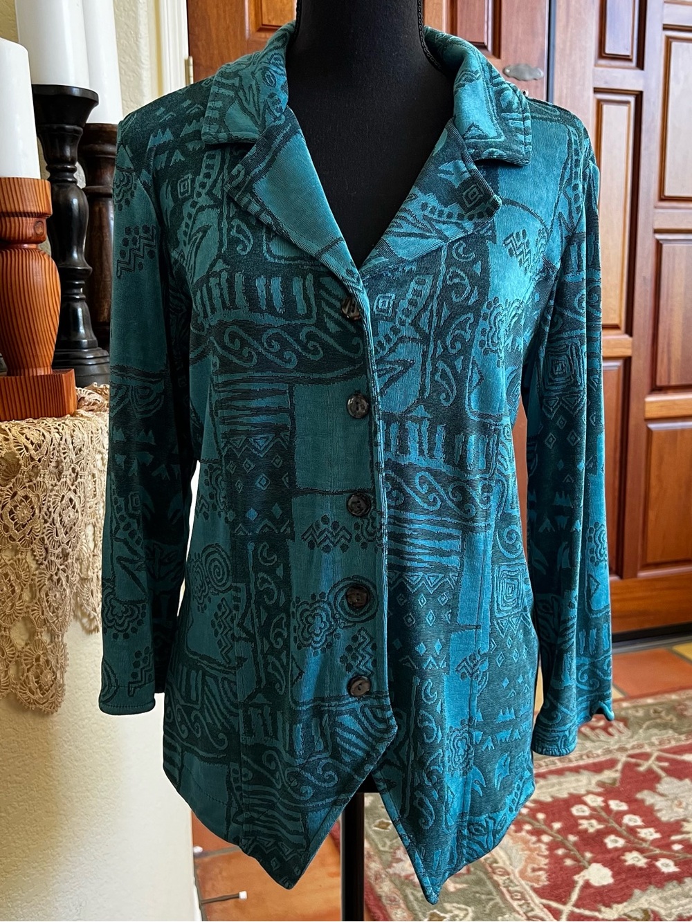 Coldwater Creek Womens M Collared Cardigan Jacket Dusty Blue Patterned Acetate